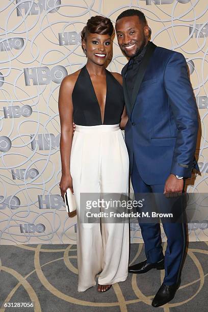 Actress Issa Rae and actor Y'Lan Noel attend HBO's Official Golden Globe Awards After Party at Circa 55 Restaurant on January 8, 2017 in Beverly...