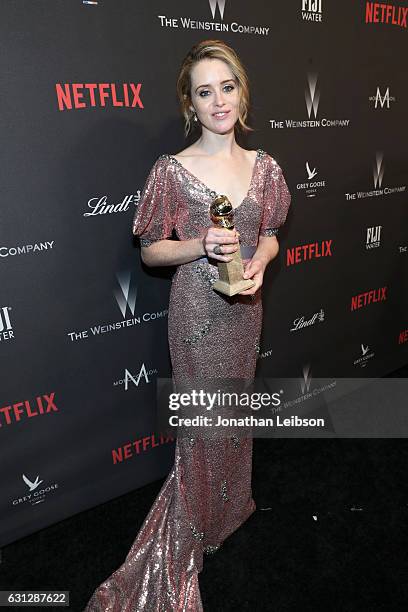 Actress Claire Foy at The Weinstein Company and Netflix Golden Globes Party presented with FIJI Water at The Beverly Hilton Hotel on January 8, 2017...