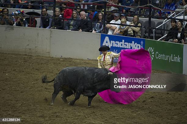 Matador Leonardo Rivera pits his cape against a bull during the 23rd Annual Mexican Rodeo Extravaganza at the National Western Stock Show in Denver,...