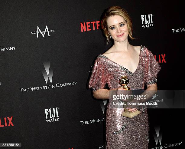 Actress Claire Foy, winner of Best Actress in a Drama Series for 'The Crown', attends The Weinstein Company and Netflix Golden Globe Party, presented...