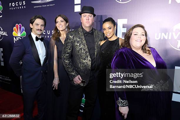 74th ANNUAL GOLDEN GLOBE AWARDS -- Pictured: Actors Milo Ventimiglia, Mandy Moore, Chris Sullivan, Susan Kelechi Watson and Chrissy Metz pose during...