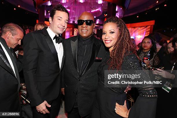 74th ANNUAL GOLDEN GLOBE AWARDS -- Pictured: Host Jimmy Fallon, musician Stevie Wonder and Tomeeka Robyn Bracy pose during the Universal, NBC, Focus...