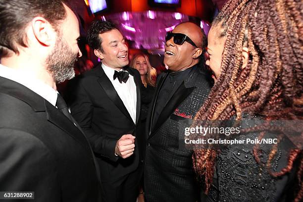 74th ANNUAL GOLDEN GLOBE AWARDS -- Pictured: Host Jimmy Fallon, musician Stevie Wonder and Tomeeka Robyn Bracy pose during the Universal, NBC, Focus...