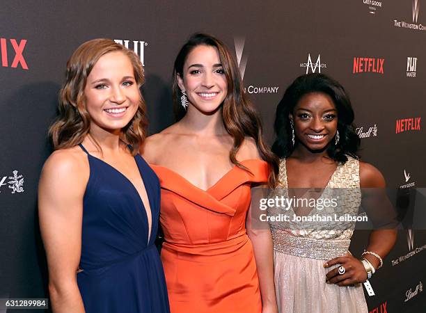 Gymnasts Madison Kocian, Aly Raisman and Simone Biles attend The Weinstein Company and Netflix Golden Globes Party presented with FIJI Water at The...