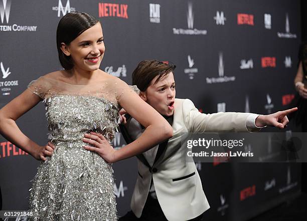 Actress Millie Bobby Brown and actor Noah Schnapp attend the 2017 Weinstein Company and Netflix Golden Globes after party on January 8, 2017 in Los...