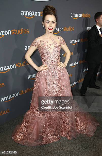 Actress Lily Collins attends Amazon Studios Golden Globes Celebration at The Beverly Hilton Hotel on January 8, 2017 in Beverly Hills, California.