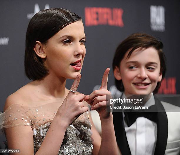 Actress Millie Bobby Brown and actor Noah Schnapp attend the 2017 Weinstein Company and Netflix Golden Globes after party on January 8, 2017 in Los...