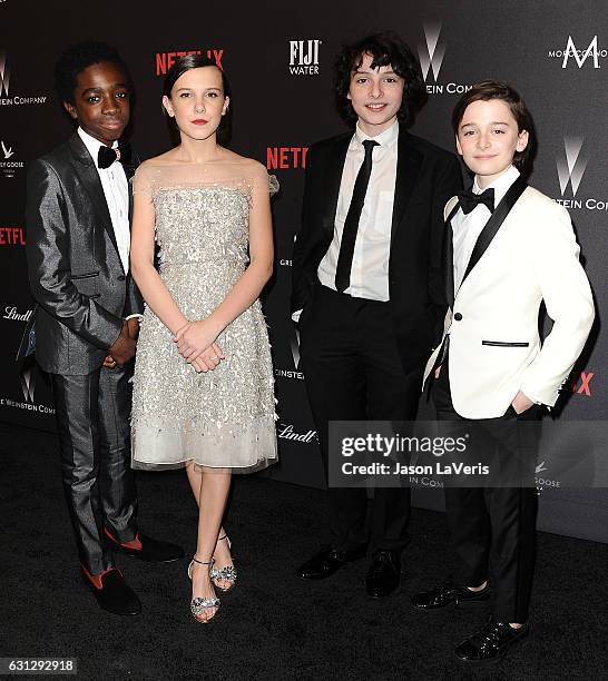 Caleb McLaughlin, Millie Bobby Brown, Finn Wolfhard and Noah Schnapp attend the 2017 Weinstein Company and Netflix Golden Globes after party on...