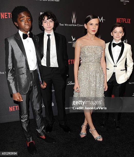 Caleb McLaughlin, Finn Wolfhard, Millie Bobby Brown and Noah Schnapp attend the 2017 Weinstein Company and Netflix Golden Globes after party on...
