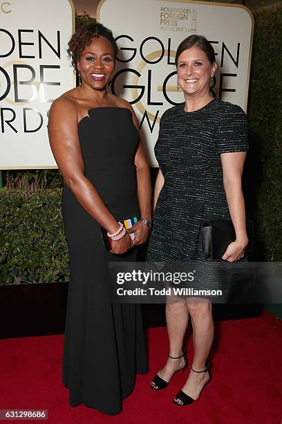 Drama Development Lisa Katz and guest attend the 74th Annual Golden Globe Awards at The Beverly Hilton Hotel on January 8, 2017 in Beverly Hills,...