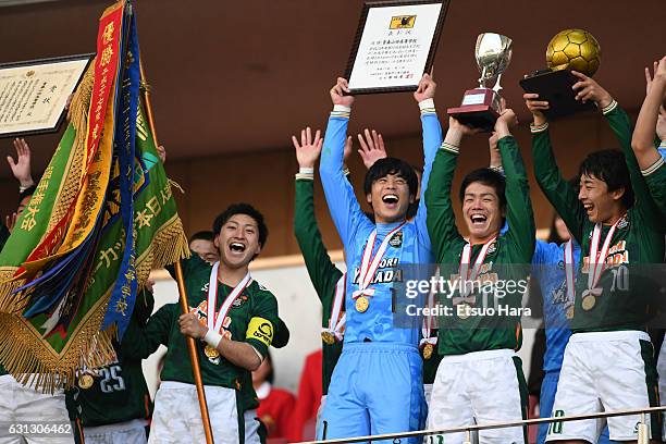 Players of Aomori Yamada celebrate their victory after the 95th All Japan High School Soccer Tournament final match between Aomori Yamada and...