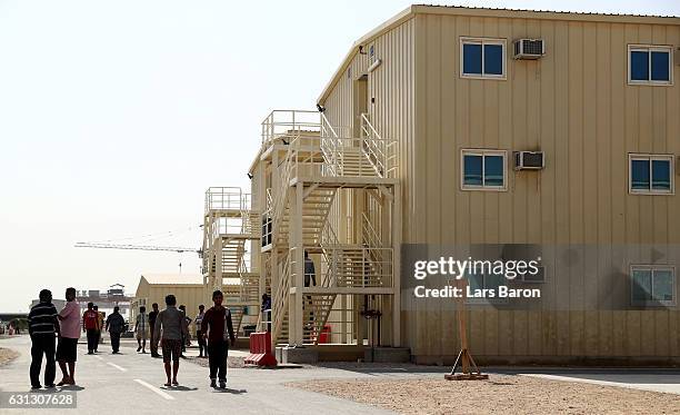 Workers are seen in their accommodation during a tour at the construction site of the Al Bayt Stadium and the workers accommodation on January 9,...