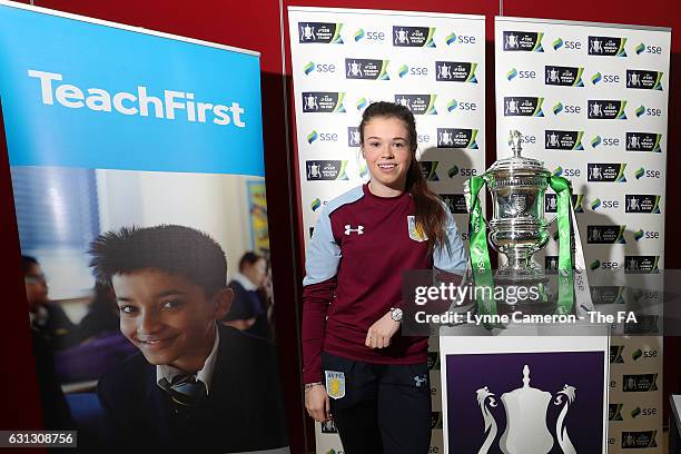 Bethan Merrick of Aston Villa Ladies poses with the cup during the SSE Women's FA Cup Round 1 Draw on January 9, 2017 in Birmingham, England.