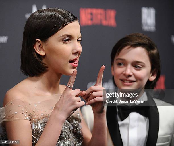 Actress Millie Bobby Brown and actor Noah Schnapp attend the 2017 Weinstein Company and Netflix Golden Globes after party on January 8, 2017 in Los...