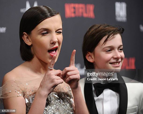 Actress Millie Bobby Brown and actor Noah Schnapp attend the 2017 Weinstein Company and Netflix Golden Globes after party on January 8, 2017 in Los...