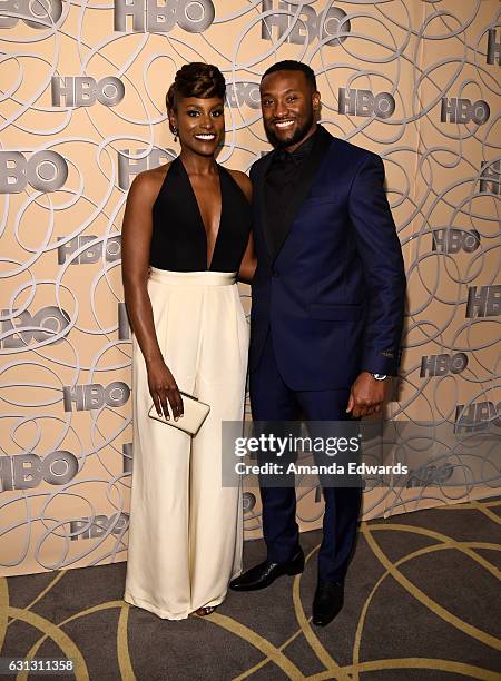 Actress Isaa Rae and Louis Diame arrive at HBO's Official Golden Globe Awards After Party at Circa 55 Restaurant on January 8, 2017 in Los Angeles,...