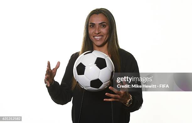 The Best FIFA Women's Player nominee Marta of Brazil and FC Rosengard poses prior to The Best FIFA Football Awards at Kameha Zurich Hotel on January...