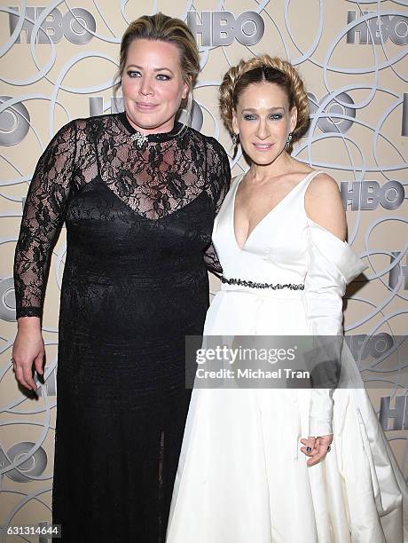 Alison Benson and Sarah Jessica Parker arrive at HBO's Official Golden Globe Awards after party held at Circa 55 Restaurant on January 8, 2017 in Los...