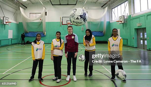 Beth Merrick of Aston Villa takes part in a training session with pupils from Broadway Academy after the Women's FA Cup draw on January 9, 2017 in...