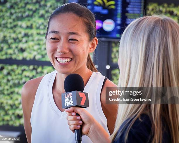 China's top ranked player Zhang Shuai speaks to the media following the draw ceremony for the Apia International Sydney 2017 on January 7 at Sydney...