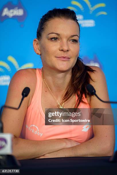 World Number 3 ranked womens tennis player Agnieszka Radwanska speaks to the media during the first day of the Apia International Sydney on January...