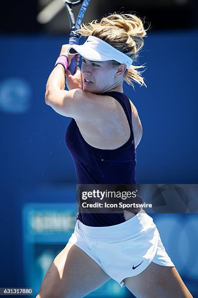 Eugenie Bouchard in action during her match against Zhang Shua during the first day of the Apia International Sydney on January 8, 2017 at the Sydney...