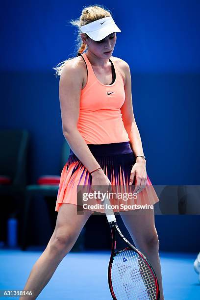 Donna Vekic reacts during her qualifying match against Maria Sakkari during the first day of the Apia International Sydney on January 8, 2017 at the...