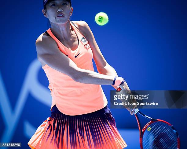 China's top ranked player Zhang Shuai in action during her match against Eugenie Bouchard during the first day of the Apia International Sydney on...