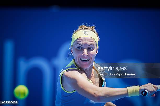 Title winner Svetlana Kuznetsova in action during her match against Irina Begu during the first day of the Apia International Sydney on January 8,...