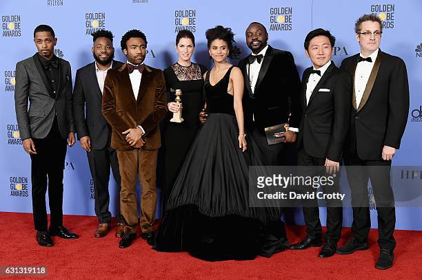 Cast and crew of 'Atlanta,' winners of Best Series - Musical or Comedy attend the 74th Annual Golden Globe Awards - Press Room at The Beverly Hilton...