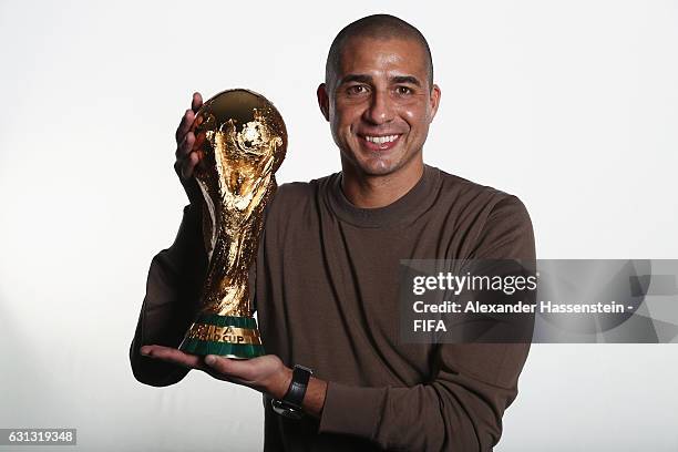 David Trezeguet of France poses with the FIFA World Cup trophy prior to The Best FIFA Football Awards at Kameha Zurich Hotel on January 9, 2017 in...