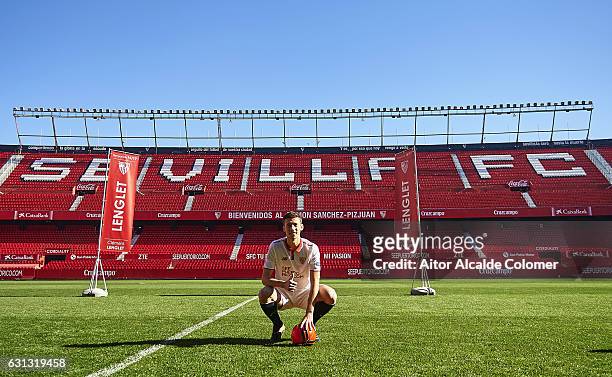 Clement Lenglet of Sevilla FC during his official presentation at the Estadio Ramon Sanchez Pizjuan on January 9, 2017 in Seville, Spain.