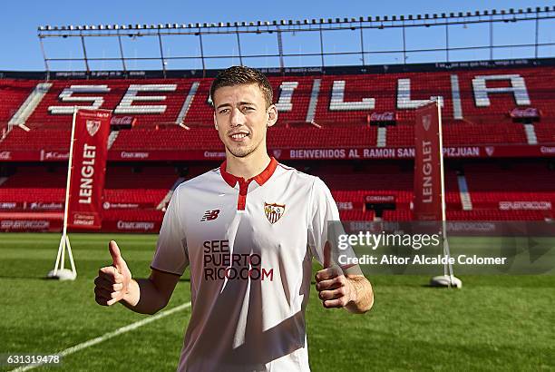 Clement Lenglet of Sevilla FC during his official presentation at the Estadio Ramon Sanchez Pizjuan on January 9, 2017 in Seville, Spain.