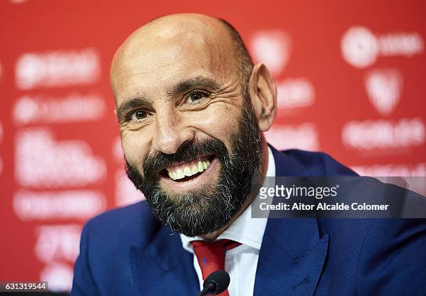 Sports director of Sevilla FC Ramon Rodriguez "Monchi" attends the press conference during his official presentation at the Estadio Ramon Sanchez...