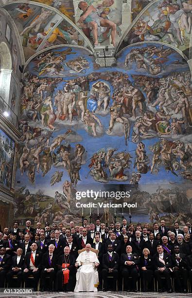 Pope Francis poses with accredited ambassadors to the Holy See at the Sistine Chapel 'Cappella Sistina' on January 9, 2017 in Vatican City, Vatican....