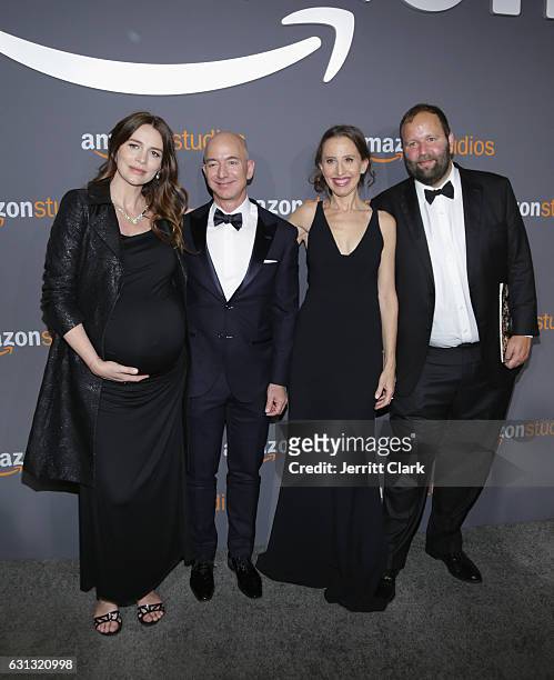 Saffron Burrows, Jeff Bezos, guest and Will Graham attend the Amazon Studios Golden Globes Party at The Beverly Hilton Hotel on January 8, 2017 in...