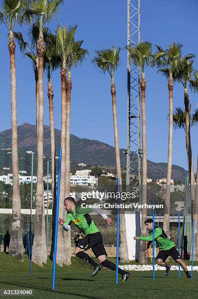Josip Drmic and Lars Stindl run during a Training Session at Borussia Moenchengladbach Training Camp on January 09, 2017 in Marbella, Spain.