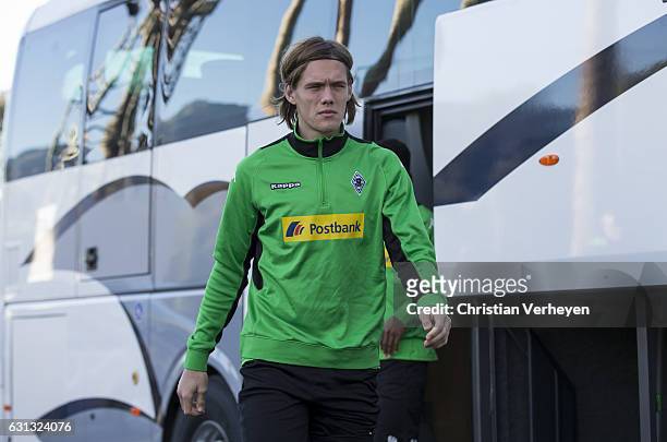 Jannik Vestergaard arrive at the trainings pitch ahead a Training Session at Borussia Moenchengladbach Training Camp on January 09, 2017 in Marbella,...