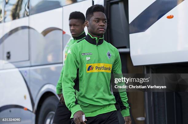 Ba-Muaka Simakala arrive at the trainings pitch ahead a Training Session at Borussia Moenchengladbach Training Camp on January 09, 2017 in Marbella,...