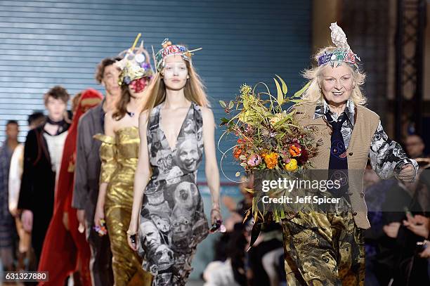 Vivienne Westwood is seen on the runway for the finale of the Vivienne Westwood show during London Fashion Week Men's January 2017 collections at...