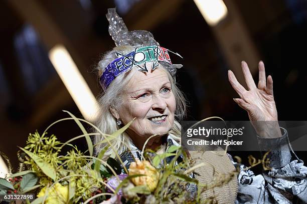 Vivienne Westwood is seen on the runway for the finale of the Vivienne Westwood show during London Fashion Week Men's January 2017 collections at...