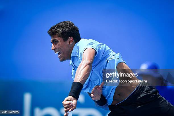 Thiago Monteiro in action during his match against Santiago Giraldo during the first day of the Apia International Sydney on January 8, 2017 at the...