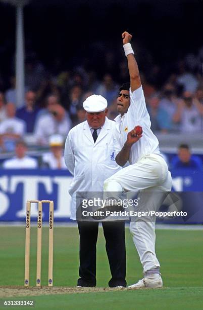 Waqar Younis bowling for Pakistan during the 1st Texaco Trophy One Day International between England and Pakistan at Lord's Cricket Ground, London,...