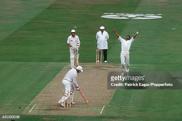 Waqar Younis of Pakistan celebrates after bowling England batsman Graham Gooch for 42 during the 3rd Texaco Trophy One Day International between...