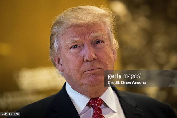 President-elect Donald Trump speaks to reporters following his meeting with Jack Ma, Chairman of Alibaba Group, meeting at Trump Tower, January 9,...