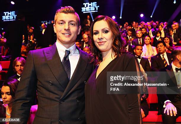 Toni Kroos of Germany and Real Madrid and his wife Jessica Farber pose prior to The Best FIFA Football Awards at TPC Studio on January 9, 2017 in...