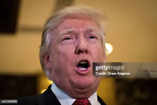 President-elect Donald Trump speaks to reporters following his meeting with Jack Ma, Chairman of Alibaba Group, meeting at Trump Tower, January 9,...