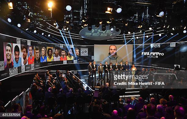 General view is seen while members of the FIFA FIFPro World11 pose on stage with hosts Eva Longoria and Marco Schreyl during The Best FIFA Football...