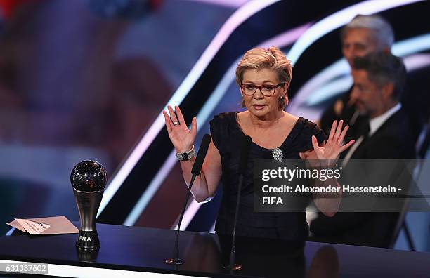 Silvia Neid of Germany talks on stage after accepting The Best FIFA Women's Coach Award during The Best FIFA Football Awards at TPC Studio on January...