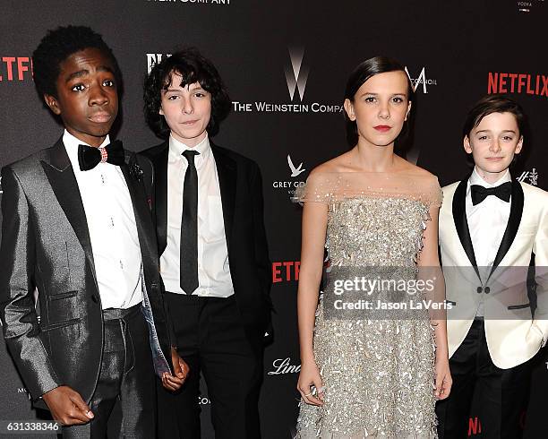 Caleb McLaughlin, Finn Wolfhard, Millie Bobby Brown and Noah Schnapp attend the 2017 Weinstein Company and Netflix Golden Globes after party on...